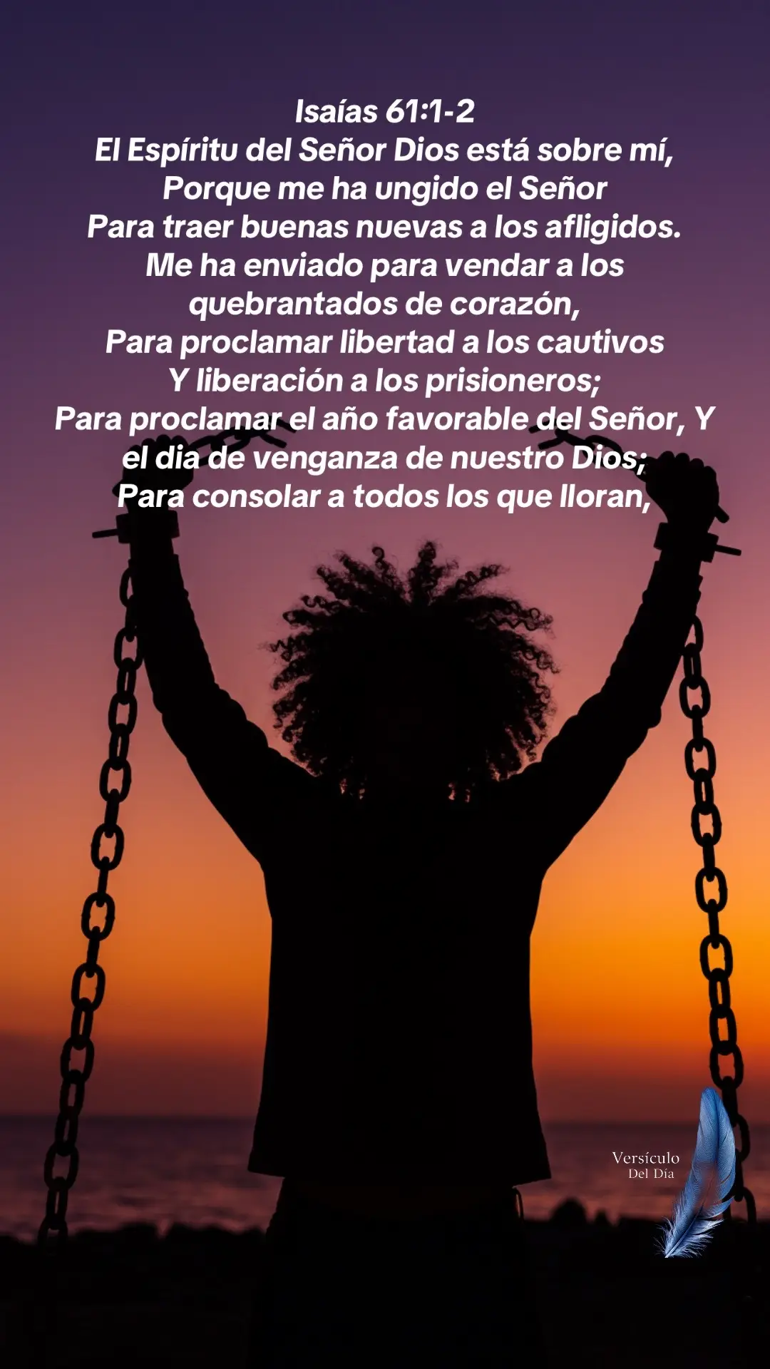 Isaías 61:1-2 El Espíritu del Señor Dios está sobre mí, Porque me ha ungido el Señor Para traer buenas nuevas a los afligidos. Me ha enviado para vendar a los quebrantados de corazón, Para proclamar libertad a los cautivos Y liberación a los prisioneros; Para proclamar el año favorable del Señor, Y el dia de venganza de nuestro Dios; Para consolar a todos los que lloran, #palabradedios #versiculosbiblicos #agamosviralajesus 