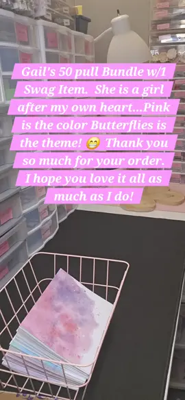 Gail's 50 Pull Bundle with 1 Swag item.  She chose Pink as her color and wanted loads of butterflies!  can I just say I LOVE this bundle!  Thanks Gail for your order!  Happy Bundling!#bookishbundles #SelfCare #beauty #onestop #BookTok #bookaccessories #journal #bookworm #spiritual #motivational #booktoker #blinddate #inspirational #glasscups #bookmarks #totebags #bundles #asmr #mysterycolor #mysteryscoop #capsulescoop #journals #pins #fyp #anxiety #bookishTikTok #bookaccessories #bookishfyp  #booklover #mysteryscoop #blissbundles #SmallBusiness #smallbusinesscheck #happymail #happybundles