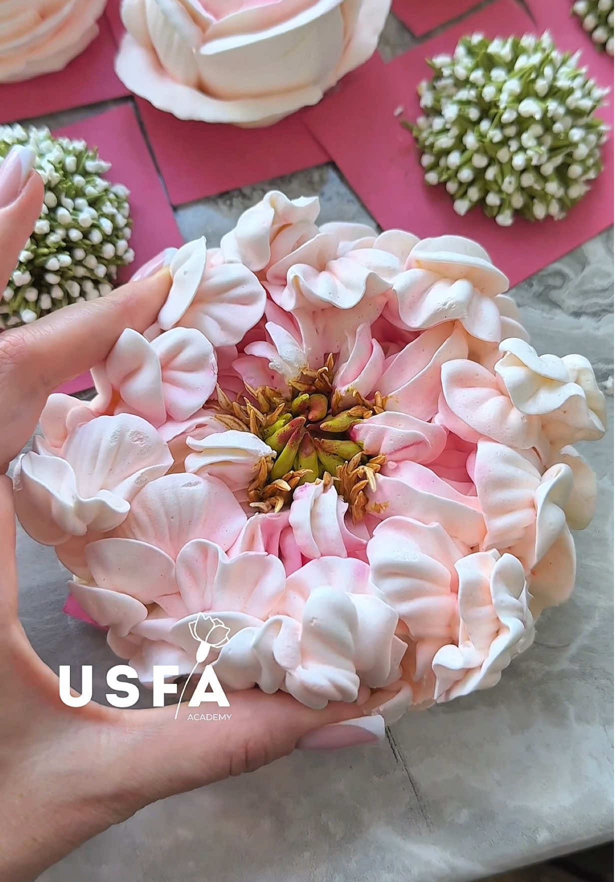 the process of creating a marshmallow peony 🌸