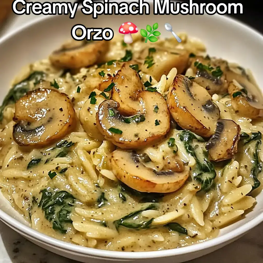 Creamy Spinach Mushroom Orzo 🍄🌿🥄 Ingredients: 1 cup orzo pasta 🍝 2 tablespoons olive oil 🫒 1 small onion, finely chopped 🧅 3 cloves garlic, minced 🧄 250g (about 8 oz) mushrooms, sliced (button or cremini work great) 🍄 4 cups fresh spinach leaves 🌿 1 cup heavy cream (or use half-and-half for lighter) 🥛 ½ cup grated Parmesan cheese 🧀 1 cup vegetable or chicken broth 🍲 Salt and pepper to taste 🧂 1 teaspoon dried thyme or Italian seasoning 🌿 Optional: pinch of nutmeg for warmth 🌰 Fresh parsley or basil for garnish 🌿 Instructions: 1. Cook the orzo 🍝 Bring a pot of salted water to boil. Add orzo and cook until just al dente (about 7-8 minutes). Drain and set aside. 2. Sauté the veggies 🍄🧅 Heat olive oil in a large skillet over medium heat. Add onion and sauté for 3-4 minutes until translucent. Add garlic and mushrooms; cook until mushrooms release their moisture and start to brown (about 5-6 minutes). 3. Add spinach and season 🌿 Toss in fresh spinach and cook until wilted. Sprinkle in thyme (or Italian seasoning), salt, pepper, and nutmeg (if using). Mix well. 4. Make it creamy 🥛🧀 Pour in the broth and heavy cream, stirring to combine. Bring to a gentle simmer and let it thicken for 3-4 minutes. Stir in the Parmesan cheese until melted and creamy. 5. Combine with orzo 🍽️ Add the cooked orzo to the skillet and toss everything until well coated in the creamy sauce. Adjust seasoning if needed. 6. Serve & garnish 🌿 Spoon into bowls and garnish with fresh parsley or basil. Optional: extra Parmesan on top. Tips: For a vegan version, use coconut cream and vegan cheese alternatives 🥥. Add cooked chicken or crispy tofu for extra protein. Swap orzo for rice or quinoa for a different grain texture. Enjoy your creamy, dreamy Spinach Mushroom Orzo! 😍🍄🌿🥄