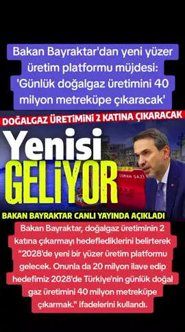 Bakan Bayraktar'dan yeni yüzer üretim platformu müjdesi: 'Günlük doğalgaz üretimini 40 milyon metreküpe çıkaracak' Bakan Bayraktar, doğalgaz üretiminin 2 katına çıkarmayı hedeflediklerini belirterek 