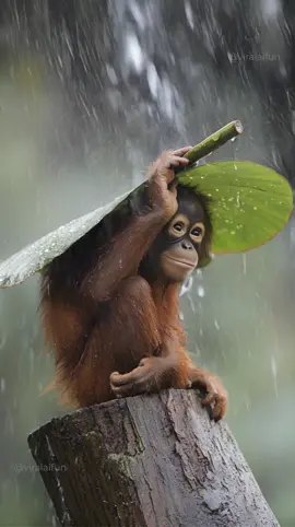 Smart Orangutan Uses Leaf as an Umbrella! 🥺 #klingai #orangutan #smartanimals #cute #rain #wildlife #nature #animalsoftiktok 