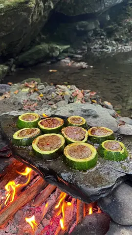 Cooking zucchini kebabs on natural hot stones 🥩🪵💦🐿 #cookingasmr #outdoorcooking #Recipe #leon #cookingnature #camping #foodtiktok #zucchini #kebabs 