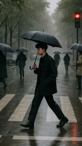a rainy daytime scene on a quiet city street, with multiple people walking with umbrellas while the right hand is in the pocket. A young men in a loose black Coat, a low tapered curly hair and formal pants is crossing the road at a crosswalk while holding umbrella. Other pedestrians are also holding umbrellas, walking in different directions under the heavy rain. Trees line both sides of the street and a red traffic light glows in the backround. Without changing the appearance. #fyppppppppppppppppppppppp #fyp #chatgpt #ai #sadvibes 