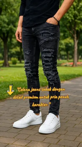 “Celana jeans sobek dengan detail premium untuk pria penuh karakter.” #celanajeanssobek #jeanssobekpria #fashionpria #stylejeans #ootdpria #jeanstrendy #casualfashion #StreetStyle #fashioninspiration #lookbook #niceday 