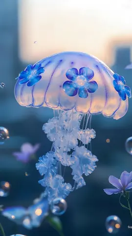 夕暮れの空をしゃぼん玉と一緒に、ゆっくり泳ぐお花模様の幻想的なクラゲ🫧　#aiart  #aianimation  #aianime  #wallpaper  #4kwallpaper  #coolwallpapers  #4klivewallpapers  #拡散希望です 