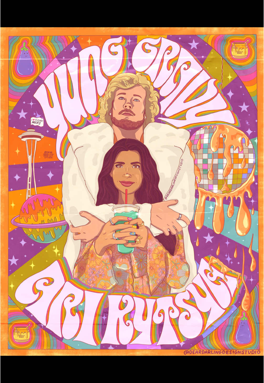 @Yung Gravy 🍯 is doing a giveaway and said to get his attention! So I had to do what I love to do and make a 70s concert inspired portrait of him and @Ari Kytsya ! My name is Darra and I’m an artist from Baltimore. I’ve been a full time freelance illustrator for a decade and specialize in 70s inspired art. I know Gravy loves a 70s vibe so I had to bring it 🪩 Ari is my comfort creator and I loved drawing her beautiful face!  I’m a mom to two neurodivergent kids and making art lets me stay home to support them! But it does put more weight on my man’s shoulders to pick up the slack when things are slow. I was raised homeless in Baltimore and both of my parents were addicts. My dad passed when I was 14, today is actually his birthday. And my mom passed when I was 22, 8 months after I had my first son. Trying to do life on my own without parents, without a college degree, has been hard but I truly love what I do and wouldn’t change it for the world. I’ve made art for small businesses and big box stores, but my dream is to do album covers, merch and concert poster designs for musical artists. It’s been my dream to be an artist since I was in 3rd grade and every day I’m so grateful that I get to live that dream, even when money is tight.  It’s so amazing that you’re doing this giveaway, and even if I don’t win I would LOVE to make some art for you!  Can yall please tag yung gravy and Ari in the comments so they see this?  #yunggravy #arikytsya #yunggravyedit #albumart #70sart 