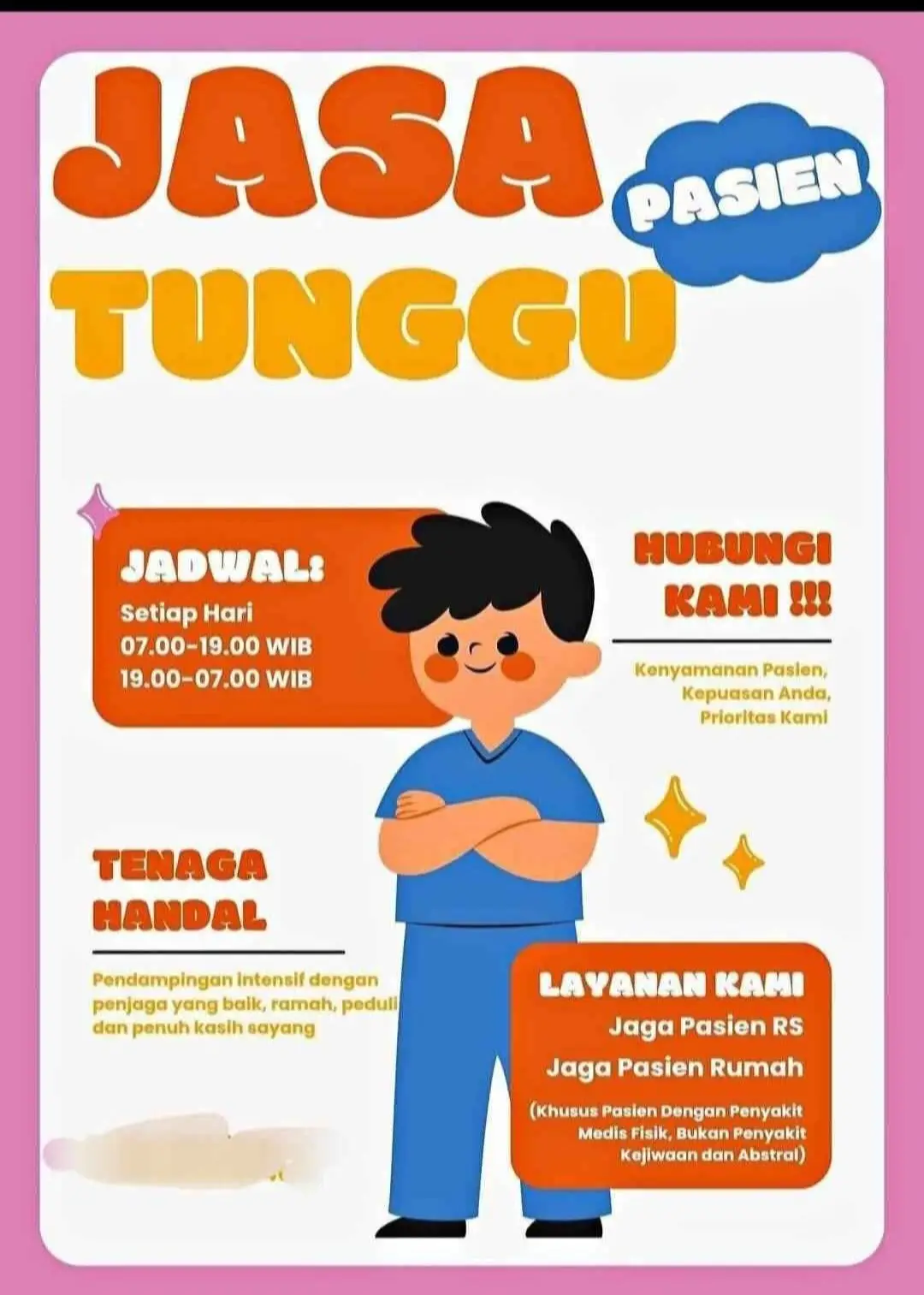 yg perlu jasa jaga pasien di sekitar denpasar dan sekitarnya bisa hubungi kami. menjaga pasien di rumah sakit,di rumah pribadi,di hotel atau villa. 20 ribu/jam. menerima pasien lokal,domestik,dan internasional