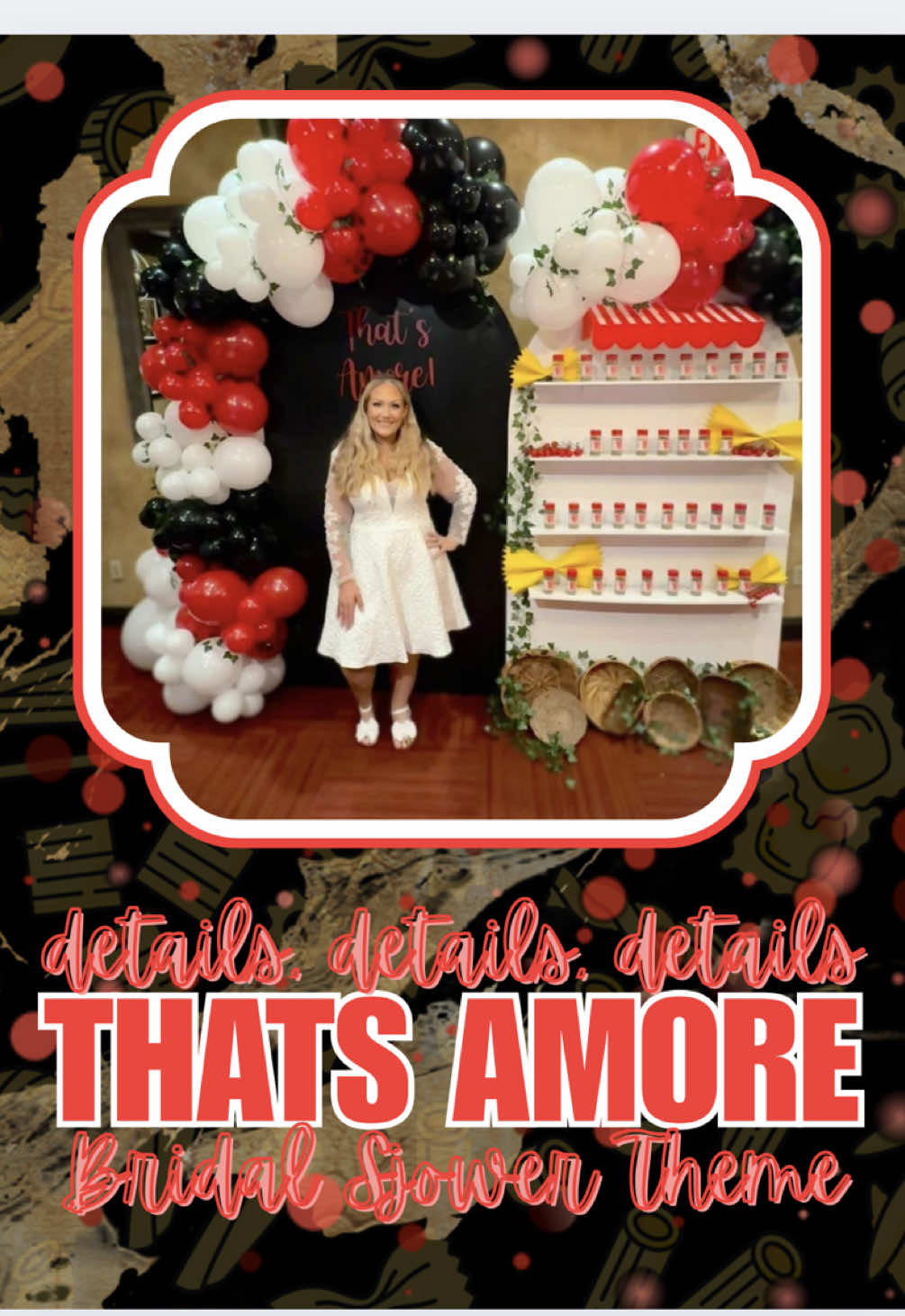 taking it back to my “That’s Amore” themed bridal shower to show more of the details. if you know me, you know how extremely detail oriented i am and how thought out everything is. the restaurant provided white tablecloths, white plates, and black napkins… i bought and set up everything else. my husband and i painted our wooden boards and shelves and my mom made the cricut custom vinyls. i blew up the balloons and my husband made the arch. i designed the labels for the Italian seasonings that we gave as favors. i planned and bought the table runners, centerpieces, placemats, and games. i even sent my cookie girl mockups for the cookies lol. i overthink everything and its either great or a character flaw sometimes lol.  #bridalshower #bridalshowerideas #thatsamore #thatsamorebridalshower #italiantheme #bridetobe #bridaltiktok #weddingtiktok #fyp #italiannonna 