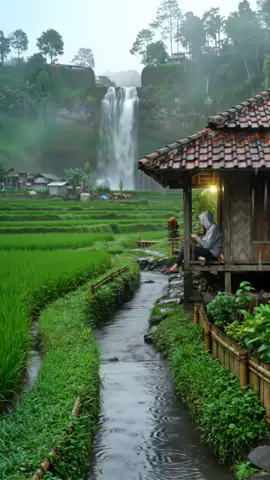Tranquil Village Life in the Rain | Rice Fields, Wooden Hut & Waterfall Scenery #VillageLife #RainyDayVibes #NatureEscape #WaterfallView #GreenRiceFields #PeacefulNature #IndonesianCountryside #RainSounds #RuralRetreat 