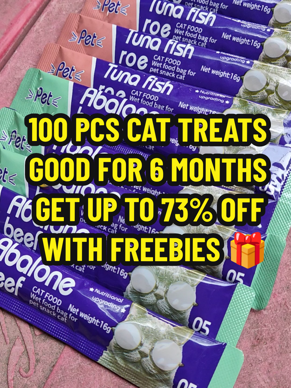 100 pcs Cat Treats with Freebies 🎁. Deserve ng mga furbabies nyo ito. checkout nyo na! #cattreats #catsoftiktok #catwetfood #catfood #catlovers #cats 