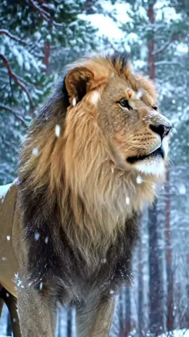 Lion standing in a snowy forest, its powerful body partially dusted with snow as it looks off into the distance. #livewallpaper #lion #wallpaperlive #lionking #wallpaper #wallpapers #livewallpaper4k #wallpapervideo 