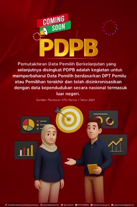 Tahukah kamu?   Meskipun tidak dalam tahapan Pemilu, KPU tetap melakukan pemutakhiran data pemilih dengan bertujuan untuk memastikan bahwa data pemilih selalu akurat, valid, dan up-to-date, agar semua warga yang telah memenuhi syarat sebagai pemilih dapat menggunakan hak pilihnya pada pemilu atau pemilihan berikutnya melalui Pemutakhiran Data Pemilih Berkelanjutan (PDPB). #KPUMelayani #KPUKabupatenKarimun #PDPB