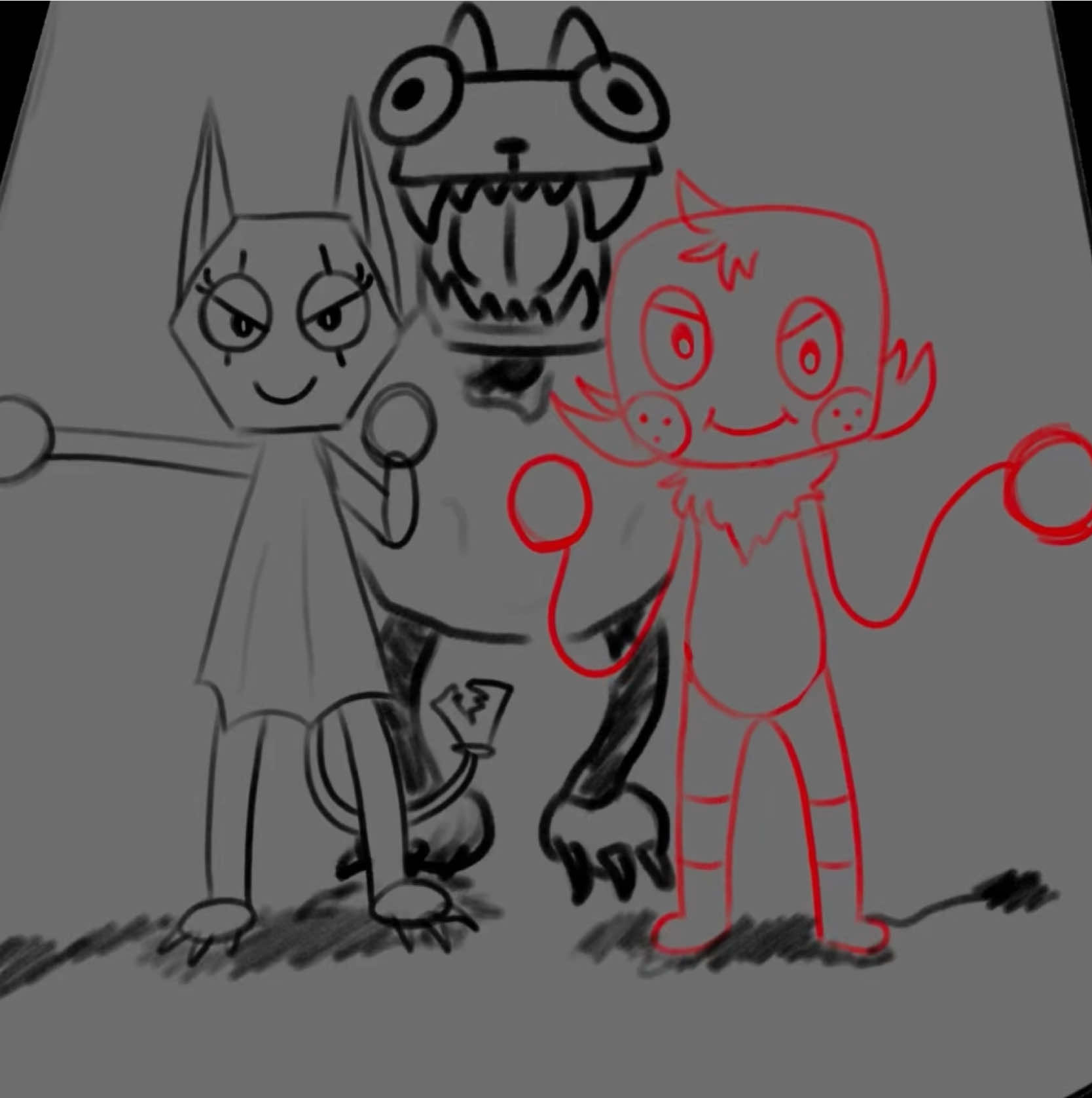 Everyone’s favorite trio. Should I clean this up and color it? #fyp #foryoupage #procreate #art #dandysworld #scraps #goob #pebble #teamrocket #animatic #WIP 