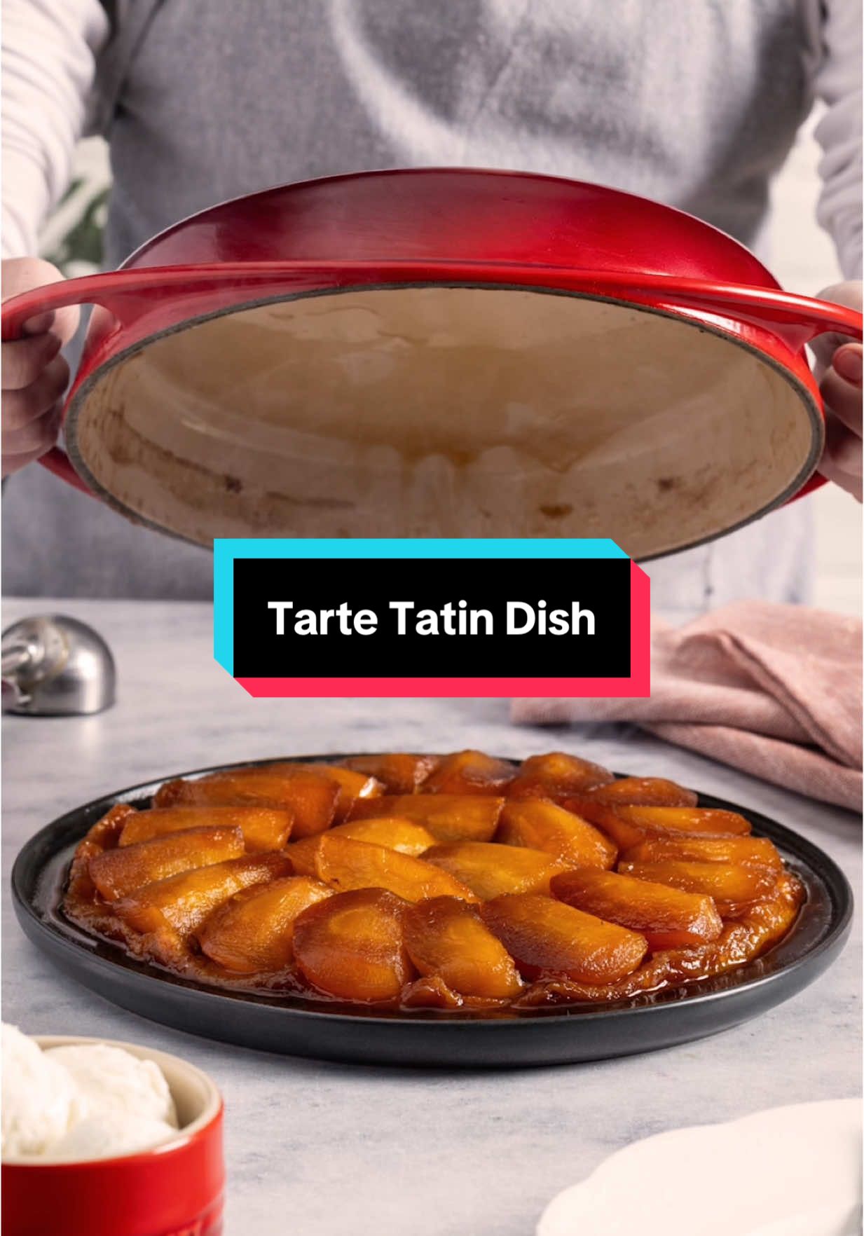 Our Tarte Tatin Dish is crafted in our signature enameled cast iron for superior heat distribution and retention and easy release—ideal for both perfecting caramelization while you sauté and keeping warm until ready to flip and serve. #lecreuset #lecreusettiktok #tiktokcooks #cookware #bakeware #baking #FoodTok 