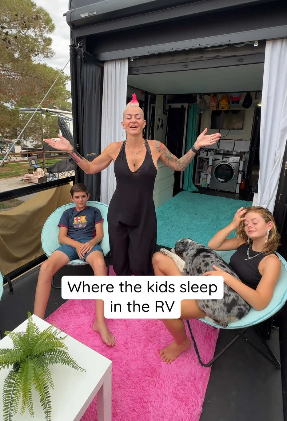 Where do the kids sleep in our RV?  Check it out here🤩 We have three kids that share this bedroom, our girls have a drop-down queen bunkbeds, and our son has the loft.  We love then multi use aspect of this room, during the day we put the beds up and they have all of the space to use as either a place to do their schoolwork, hang out with friends or just chill. We get a lot of comments saying that kids need their own room and a door for privacy. From our own experience and the priority in our family, we love closeness and being together and traveling. So to each his own, if having separate rooms and privacy for your kids work for you that’s awesome.  Our kids love being together and I don’t know about you but I shared a room with my brothers for many years and I don’t feel like I missed out on anything. Could you picture living in an RV full-time? #rvlife #rvliving #teenmom #rvfamily #familyvlog #parenting