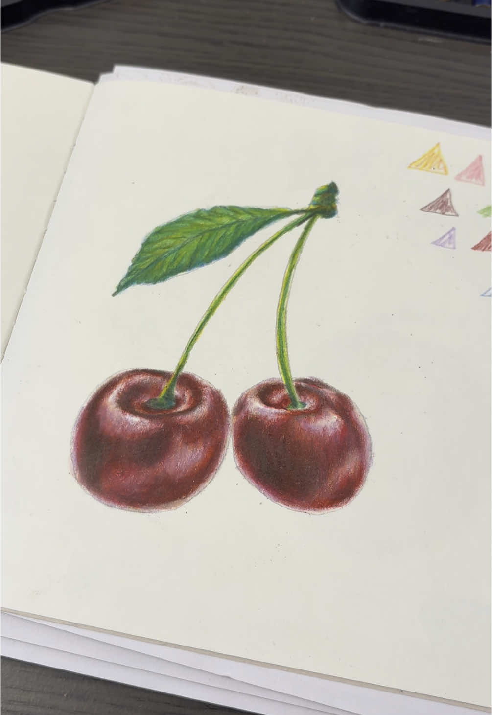 My second attempt at drawing realistic cherries-definitely A LOT better than my first try but color theory was going crazy with colored pencils #cherry #fruitart #drawing #coloredpencils #foodart #colorwithme #realism #coloring #howtodraw #creatingthechaos #sketchbookart 