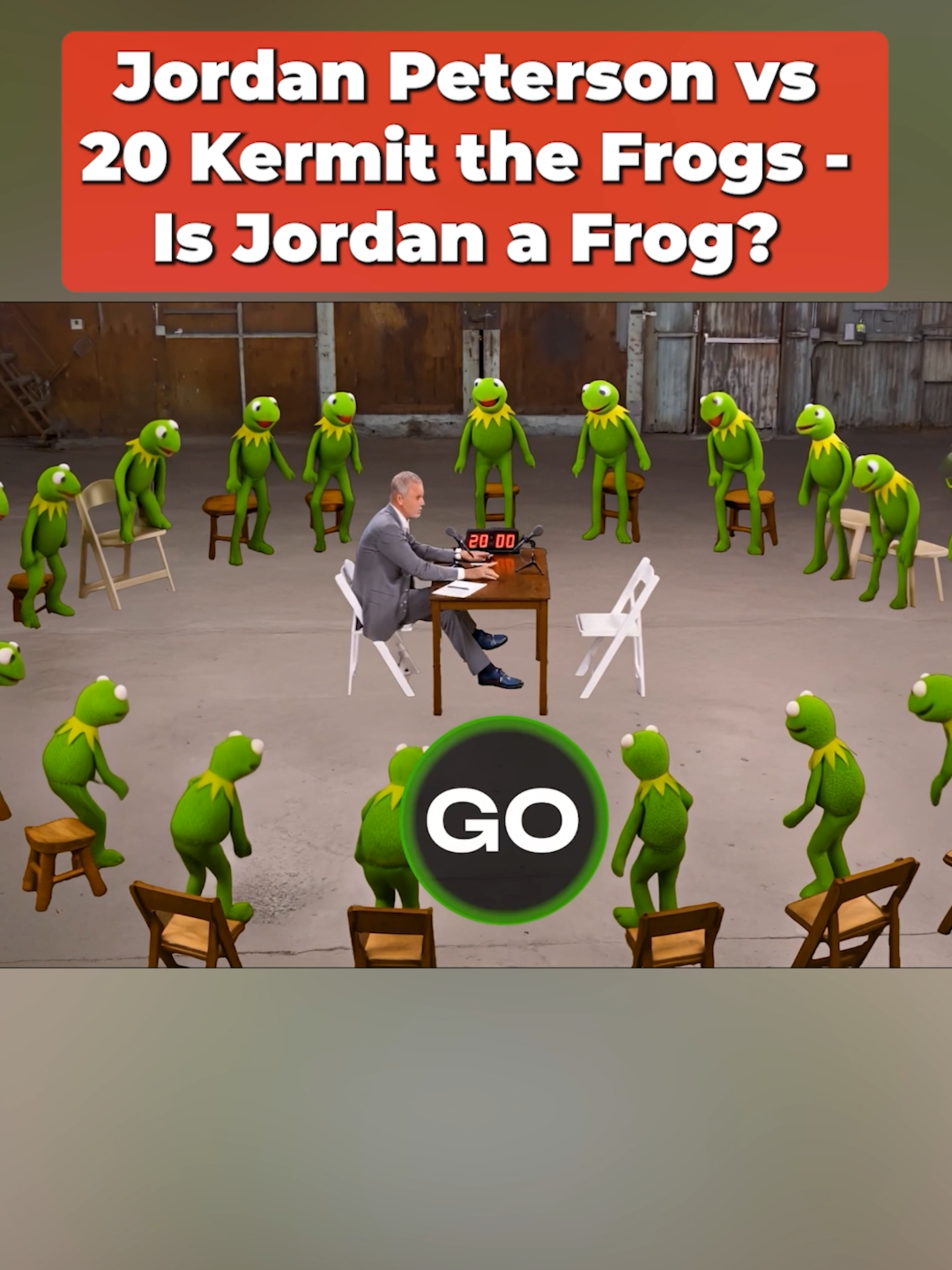 After Jordan Peterson vs 20 Atheists, Jordan debates 20 Kermit the Frogs. Is he a frog? Is a human? Is he Jordan Peterson? He won't say. #jordanpeterson #kermitthefrog #jubilee #surrounded #parody #satire #funny #edit #ai