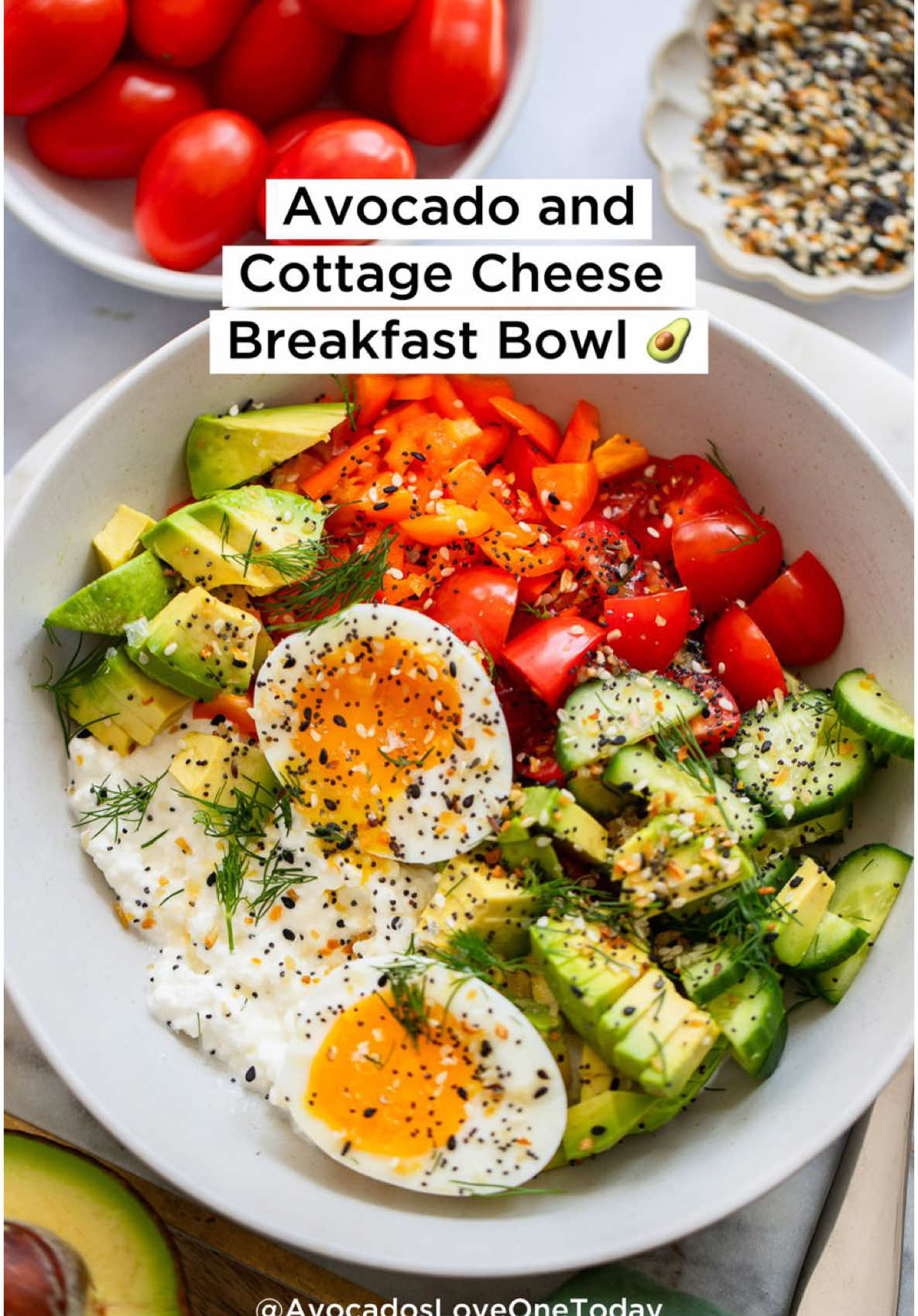 Start your day with a gut-loving breakfast! This cottage cheese bowl with fresh veggies, avocado, dill, and egg brings the flavor and the feel-good nutrients. Ingredients:  1 large egg  1/2 cup cottage cheese 1/4 cup cucumbers, chopped  1/4 cup halved cherry tomatoes 1/2 ripe, fresh avocado, halved, pitted, peeled, sliced  1/4 cup orange bell pepper, chopped 1 Tbsp. fresh dill, chopped 1 tsp. everything bagel seasoning  Instructions: Add water to a small saucepan and bring to a simmer. Use a spoon to gently lower your egg into the saucepan. Allow to simmer for 7 minutes. Transfer to a bowl with ice water to chill for 2-3 minutes and then peel. To a serving bowl, add the cottage cheese, cucumber, cherry tomatoes, avocado, bell pepper, dill, everything bagel seasoning, and the hard-boiled egg. #GutHealth #FoodIsMedicine #DigestiveHealth​ #HealthyEating #HealthyFood#PremierRendiplus 