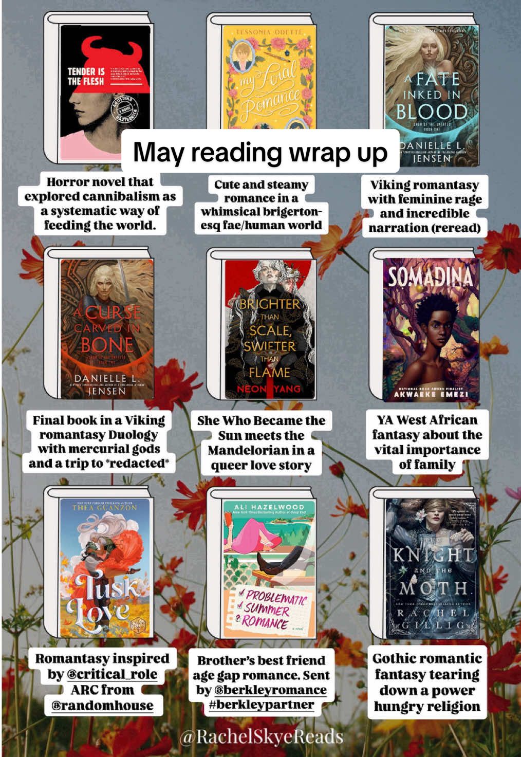May Reading Wrap Up: Featured books: 📖Tender is the flesh 📖My Feral Romance 📖A Fate Inked in Blood 📖A Curse Carved in Bone (thank you @Del Rey | RH Worlds | Inklore and @PRH Audio for the audiobook) 📖Brighter than Scale Swifter than Flame (thank you @Tor Publishing Group for the arc) 📖Somadina 📖Tusk love (thank you Del Rey for the ARC) 📖Problematic Summer Romance (thank you @berkleypub for the ARC) 📖The Knight and the Moth (thank you @Orbit Books US for the book) #bookrecs #readingwrapup #monthlyreadingwrapup #whatiread #booktokbooks #diversebooks 