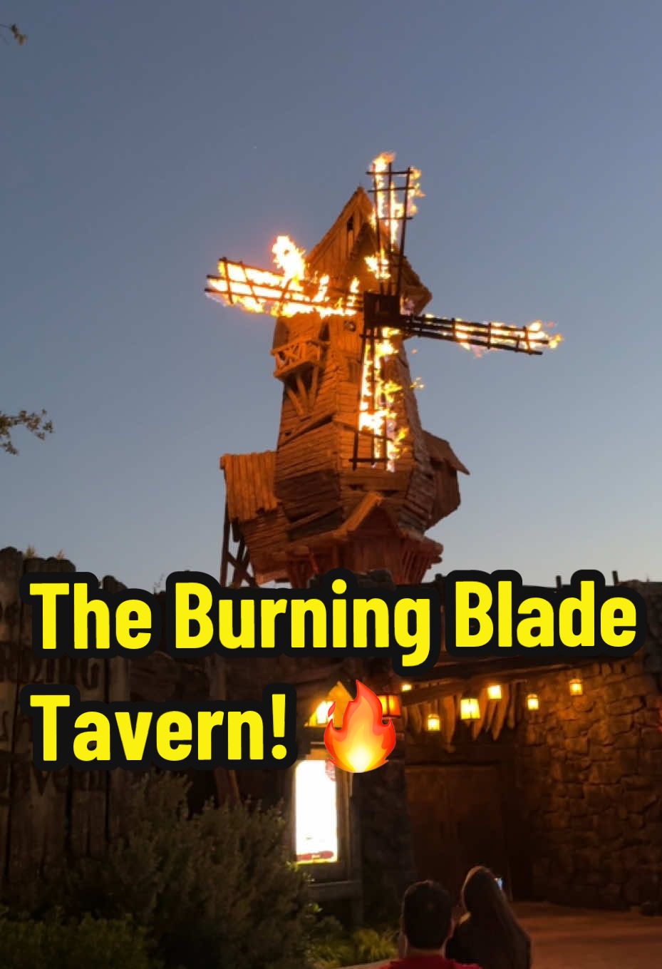 The Burning Blade Tavern in the Village of Darkmoor in Epic Universe erupts into flames about every 15 minutes.  #frankenstein #burningbladetavern #epicuniverse #darkuniverse 