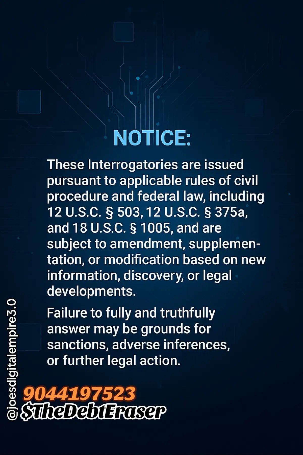 This comprehensive document is part of the Mortgage Truth & Compliance Package available in my Stan Store https://stan.store/joesdigitalempire. It serves as a formal demand for discovery and clarification of key financial and legal aspects related to the origination, servicing, and enforcement of a mortgage loan or similar financial instrument. The document compels the responding bank or financial institution to: Identify the original source of funds or credit for the purported loan. Explain the creation, funding, and collateralization processes, particularly whether a Collateral Deposit Account or equivalent was established. Provide documentation of securitization, including Pooling and Servicing Agreements (PSAs), Federal Reserve filings (Forms FR 2046 and 2049), and transaction logs (Moneynet Report 120). Clarify ownership and authority to enforce the loan, with documentation of assignments, endorsements, and agency. Confirm compliance with federal banking laws including 12 U.S.C. §§ 503, 375a, 1847, and relevant CFR provisions. The document presents Requests for Admission that demand explicit admissions or denials of specific factual and legal points, and Interrogatories requiring detailed sworn explanations. The information sought is designed to reveal irregularities in the loan’s origination and enforcement, potentially exposing fraud or violations of federal law. A clear NOTICE at the end sets out the legal basis for the interrogatories and emphasizes that failure to respond truthfully may result in sanctions, adverse inferences, or further legal action. This document is a crucial tool for challenging mortgage fraud, banking misrepresentations, and unlawful debt collection.