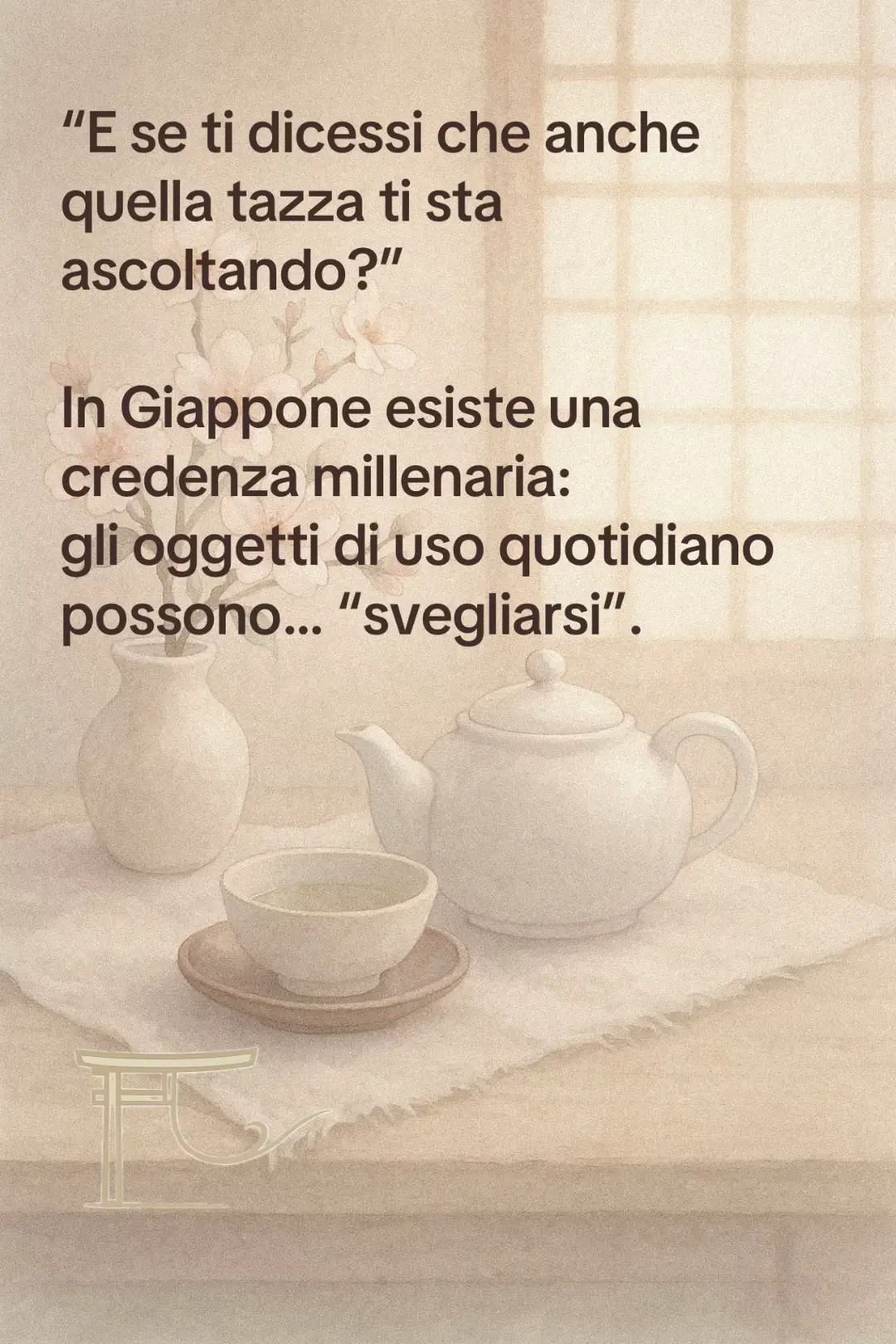 Nel cuore dello Shintoismo giapponese si trova un concetto gentile e potentissimo: gli oggetti hanno un’anima. Dopo cento anni, una spazzola, una scarpa, un libro… diventano tsukumogami — spiriti senzienti che hanno visto tutto. Ma non servono 100 anni per iniziare a trattare le cose con rispetto. Oggi stesso, ogni tuo gesto può essere un’offerta. In un mondo che ci insegna a buttare via… lo Shintoismo ci insegna a custodire. #oltreiltorii #shintoismo #tsukumogami #kami #spiritualitàgiapponese #ritualiquotidiani 