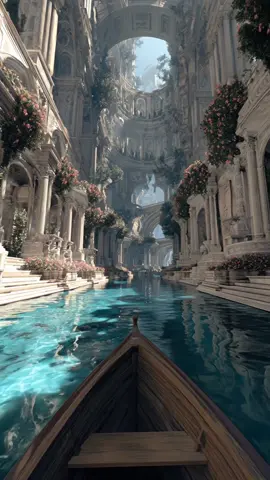 🛶🌊 A peaceful ride beneath ancient arches 🏛️🕊️ #ai #aiart #fantasy #dreamy #magic #fantasyart #canoe #meditate #relaxation #marble #flowers #relaxingvideo #fyp #pov 