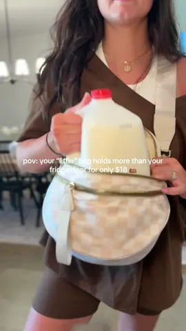 This $18 bag is “small” but fits a whole gallon of milk!!?? It’s so cute and shockingly spacious — don’t sleep on it 👜👀 #tiktokshopfinds #viralbag #bumbag #checkeredbag #crossbodybag #minidiaperbag #smallpurse #womenspurse #womensbag #tiktokshopcreatorpicks #affordablefashion #fashiontok #bagtok #budgetbuy #under20finds #tiktokshoploveatfirstfind 