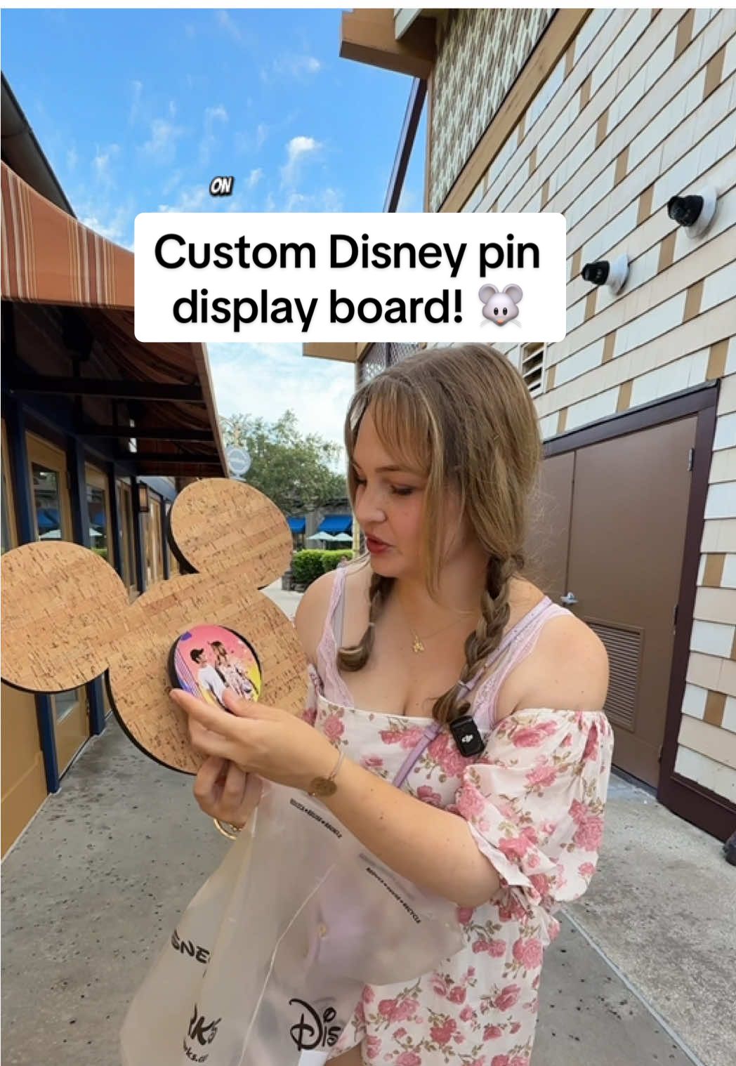 Had to get our own CUSTOM Disney pin display board Mickey shaped in Disney Springs! Such a cute and fun idea for displaying a small pin collection with a photo. 🥺 @Disney Parks #disneypins #disneysprings #disneypintrading 