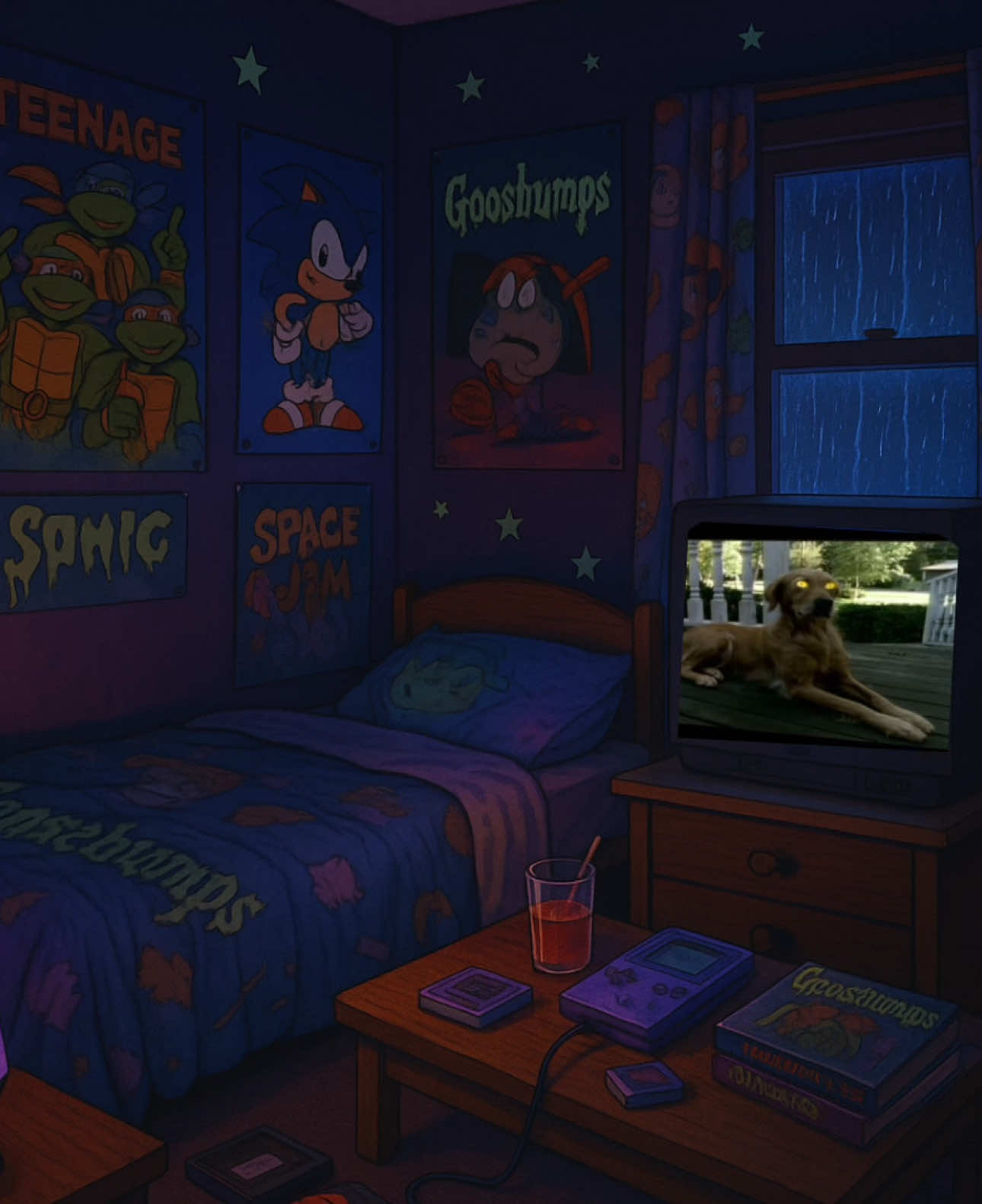 It’s a stormy night in the 90s. You’re in bed with your Goosebumps blanket, a stack of R.L. Stine books, and the sound of rain tapping the window. The scariest part? Turning the page in the dark. - 📚🌧️ Comment your favorite Goosebumps book if this unlocked a memory. #Goosebumps #90sKids #RainyNightReads #RLstine