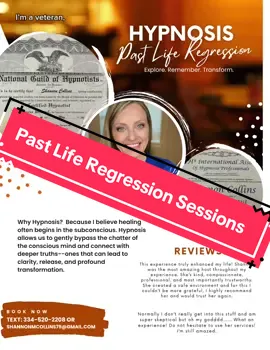 We have specials!! Email for more info!!  I’m a veteran, certified under both the National Guild of Hypnotists and the 5-PATH® International Association of Hypnosis Professionals—two of the most respected organizations in the field of hypnosis. Why hypnosis? Because I believe healing often begins in the subconscious. Hypnosis allows us to gently bypass the chatter of the conscious mind and connect with deeper truths—ones that can lead to clarity, release, and profound transformation. But my favorite part? Helping others explore their past lives. Understanding where you’ve been helps you understand why you are the way you are now. Past life regression isn’t about curiosity—it’s about healing patterns, reclaiming inner power, and rediscovering the soul’s journey. If you’ve ever felt drawn to something you can’t explain or felt stuck in patterns that seem bigger than this lifetime… there might be more to your story. I’d be honored to help you explore it. Message me to schedule your past life regression session.