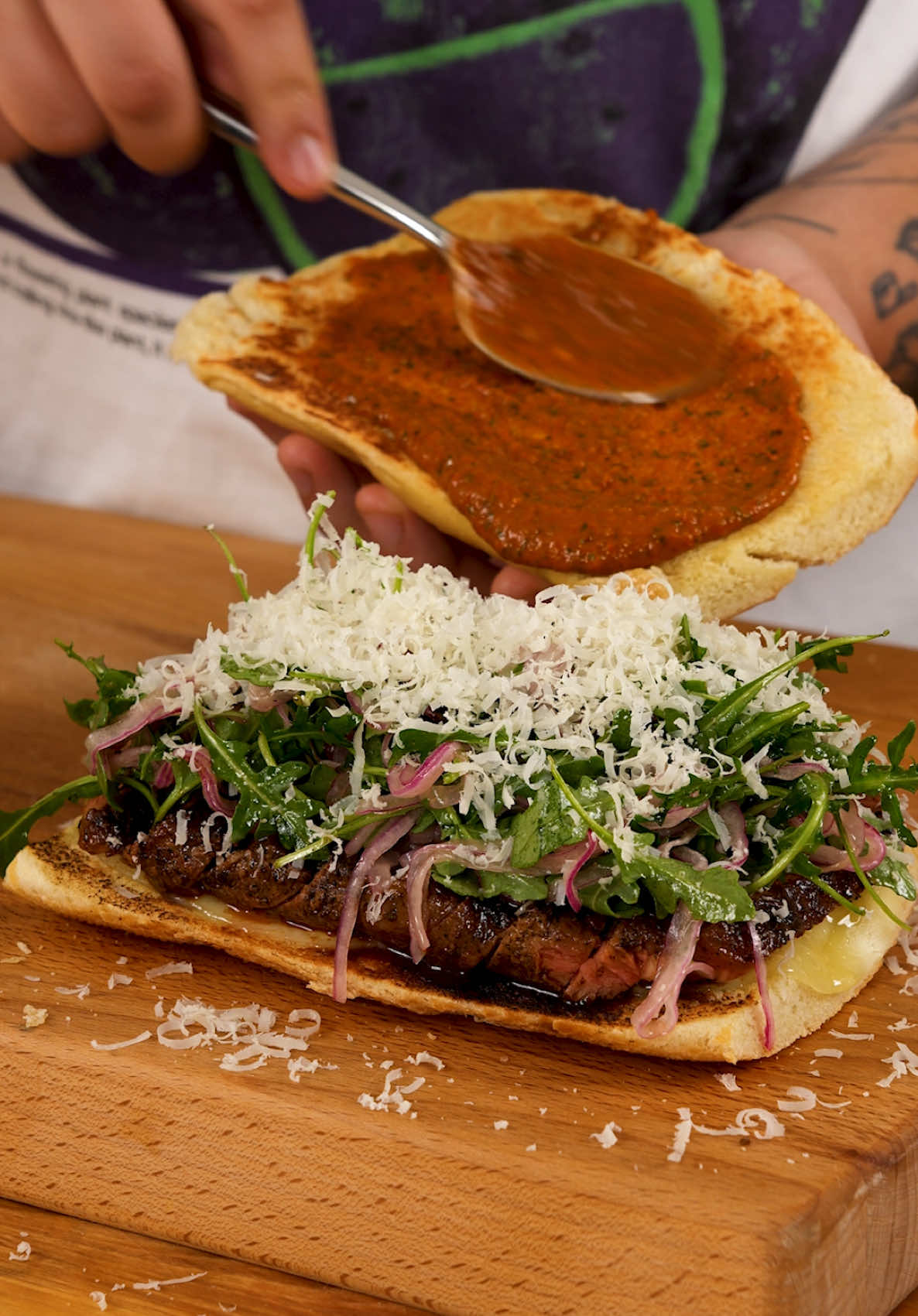 So FREAKING good 😮‍💨🥩🥪 Steak Sandwich, Roasted Bell Pepper Sauce, Dressed Argula, and Parmigiano Reggiano #cooking #Recipe #EasyRecipe #quickrecipes #lunchideas #DinnerIdeas #easylunch #easydinner #healthyrecipes #steak #sandwich 
