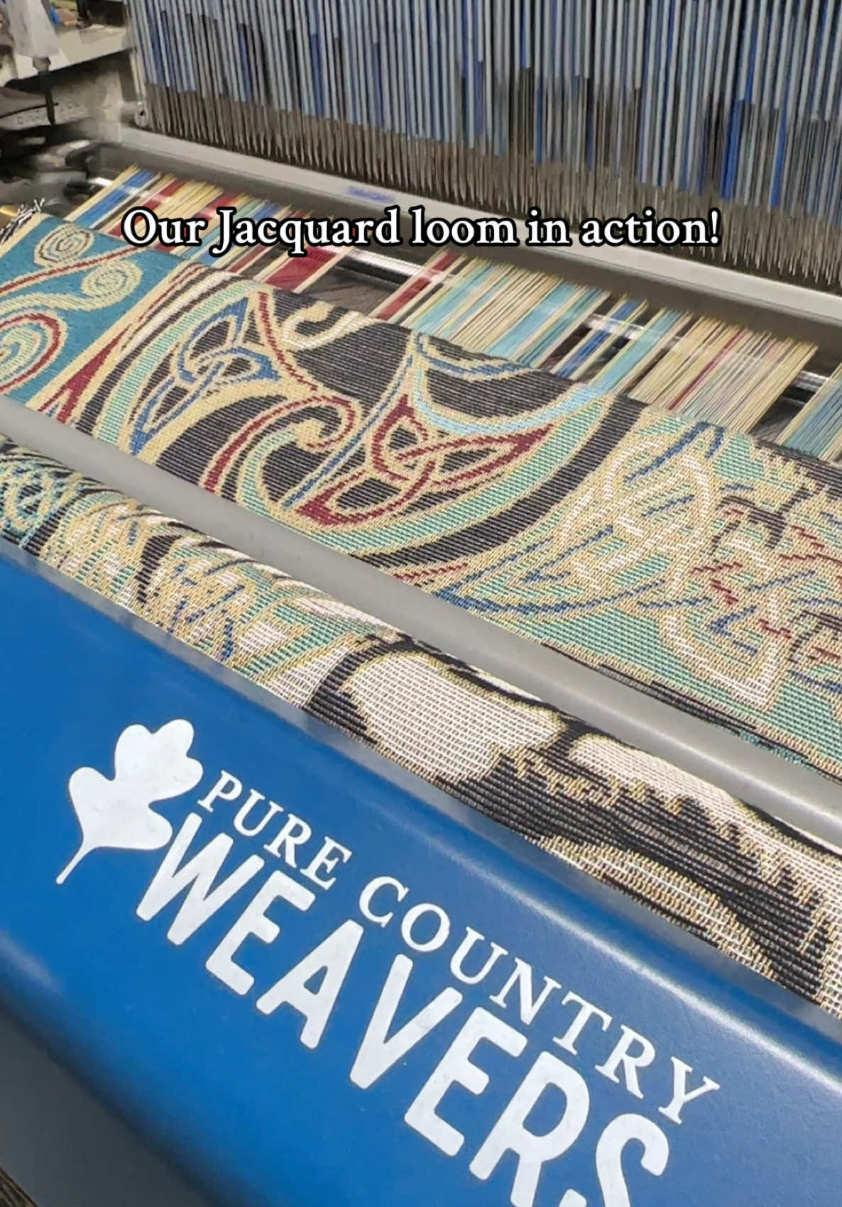 Woven > printed !!! Watching a tapestry blanket weave is so mesmerizing, thread by thread, miles of cotton turned into beautiful art💙 #fyp #jacquard #wovenblanket 
