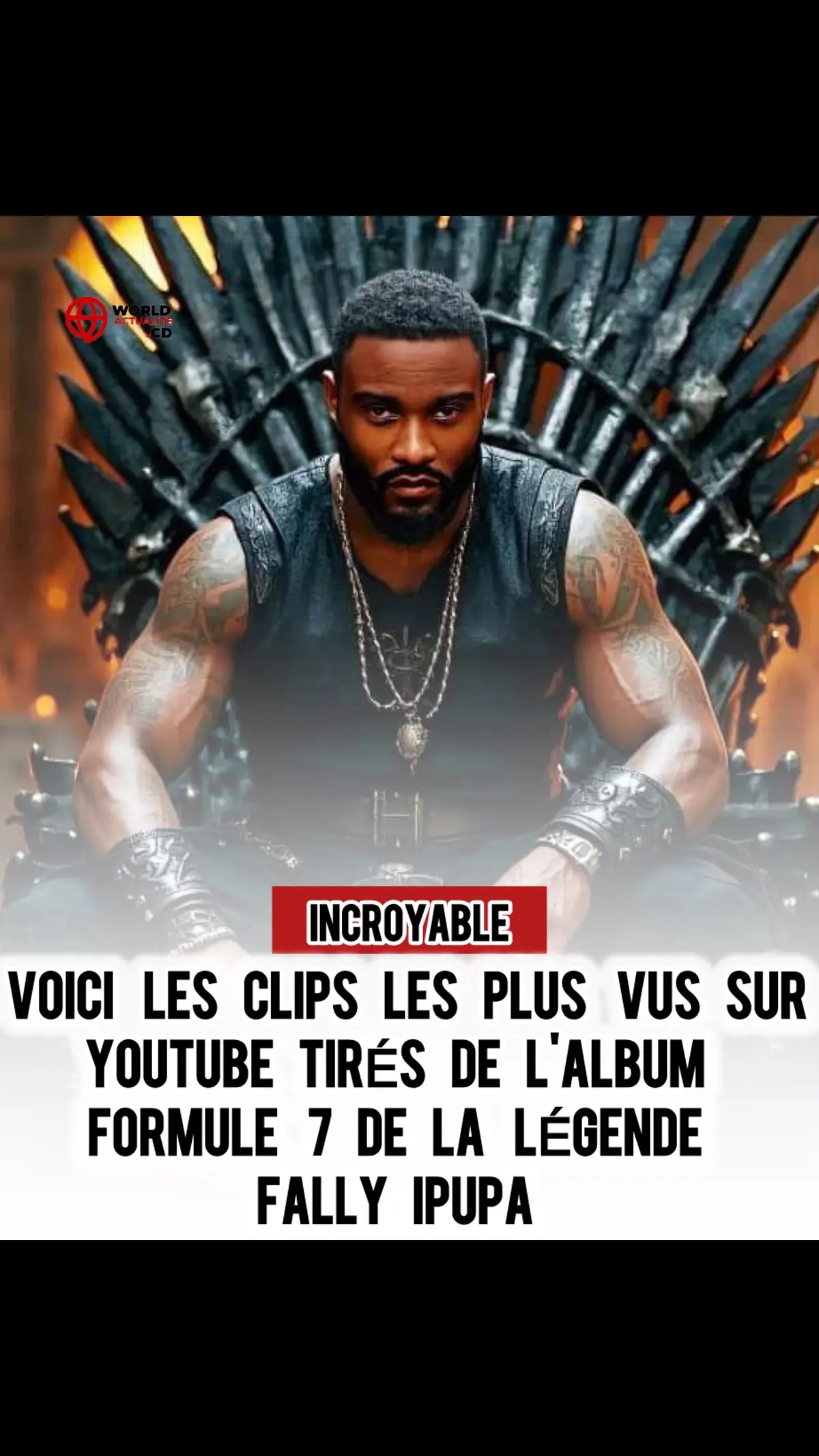 Incroyable ! Voici les clips les plus vus sur YouTube tirés de l'album Formule 7 de la légende Fally Ipupa : 1. Mayday: +84 000 000 de vues   2. Bloqué: +57 000 000 de vues   3. SL: +55 000 000 de vues   4. Mal accompagné: +41 000 000 de vues   5. MH: +40 000 000 de vues   6. Afsana: +39 000 000 de vues   7. Alliance: +38 000 000 de vues   8. Se Yo: +28 000 000 de vues   9. Garde du Cœur(feat. Charlotte Dipanda) : +20 000 000 de vues   10. Science-Fiction: +15 000 000 de vues   11. Formule 7: +9 000 000 de vues Soit un total de plus de 426 000 000 de vues sur seulement 11 clips issus d’un seul album. Aucun autre artiste africain n’a réalisé un tel exploit. @fallyipupa 🦅