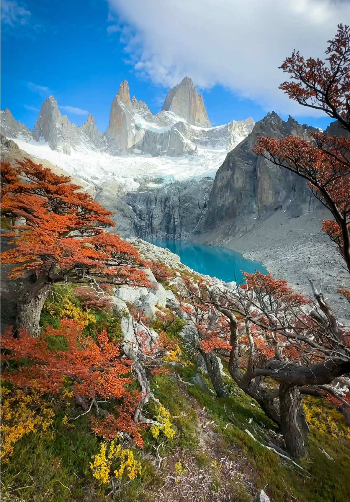 One of the most beautiful views I’ve seen in my life 😍 This lake below is Laguna Sucia and the trail to it breaks off from Laguna de Los tres in El Chalten Argentina. Patagonia is absolutely back on my list of travels for next year! #fyp #travel #nature #viral #adventure #argentina #patagonia #foryoupage #traveltiktok #trending #trendingvideo #mountain