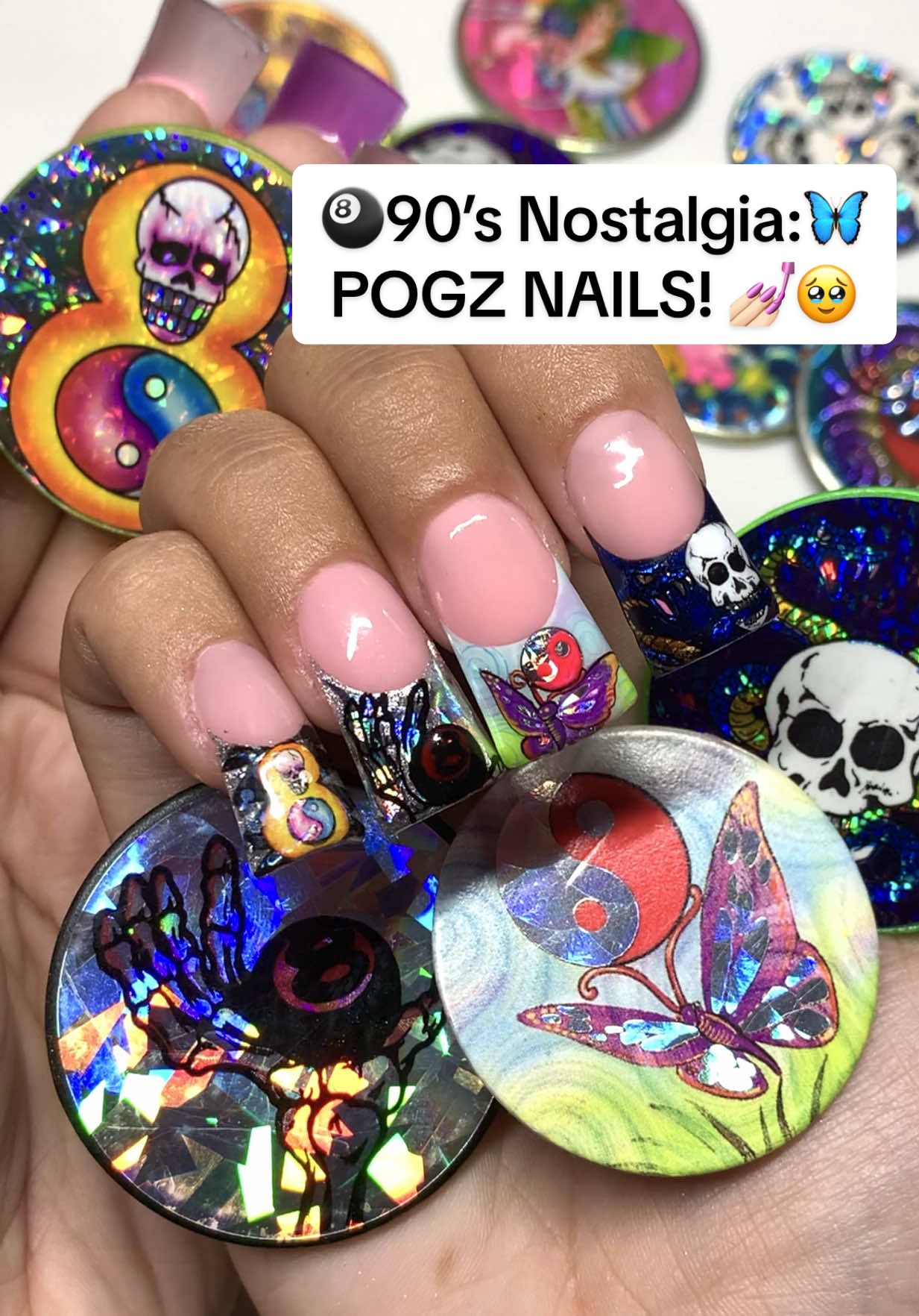 If you’re a 90’s baby you’ll appreciate these nails🥹💓💅🏻 who remembers POGS? 🦋🎱👀  #nailzbydev #90snails #90s #nailart #nailinspo #pogs #nailzbydev #gelnails #nailsart #naildesigns 