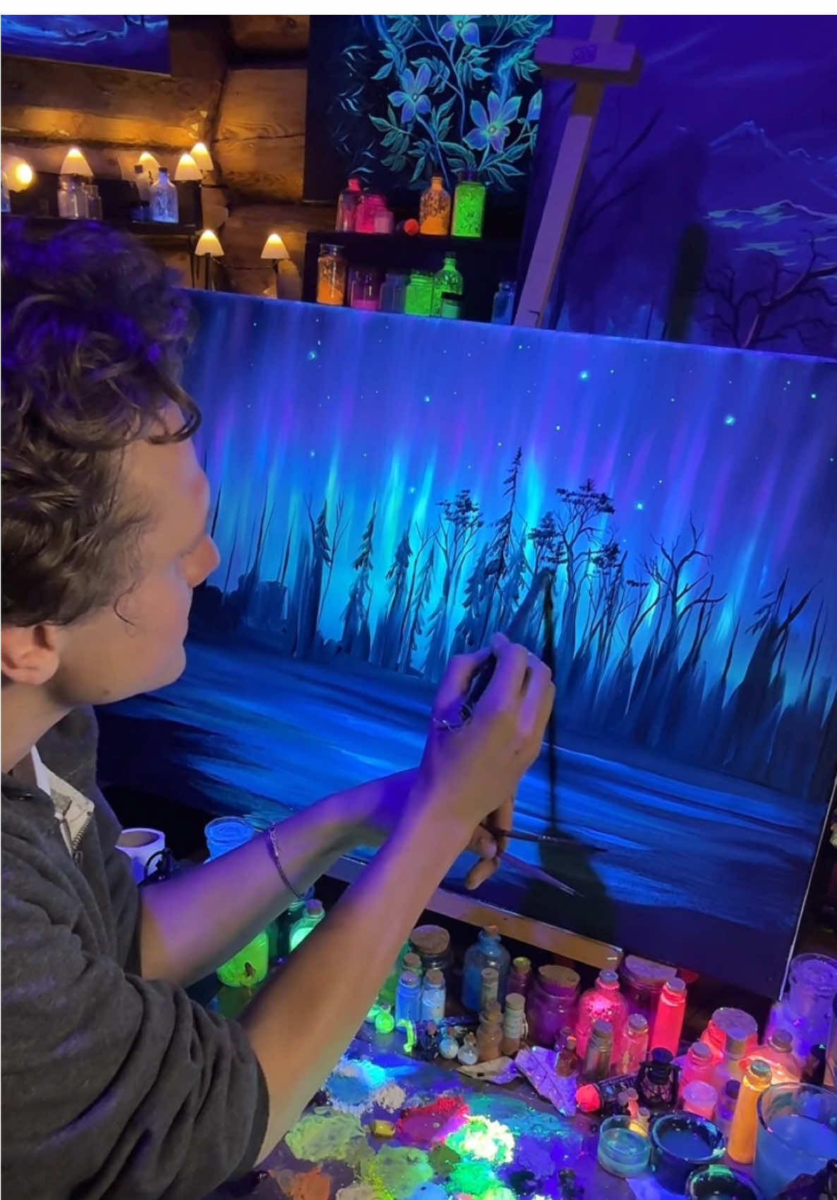 Lights of the North ✨ - The Aurora Borealis with Fluorescent Oil 🎨✨🌌 - #art #glowpaint #oilpainting #artwork #uvart #landscapepainting 