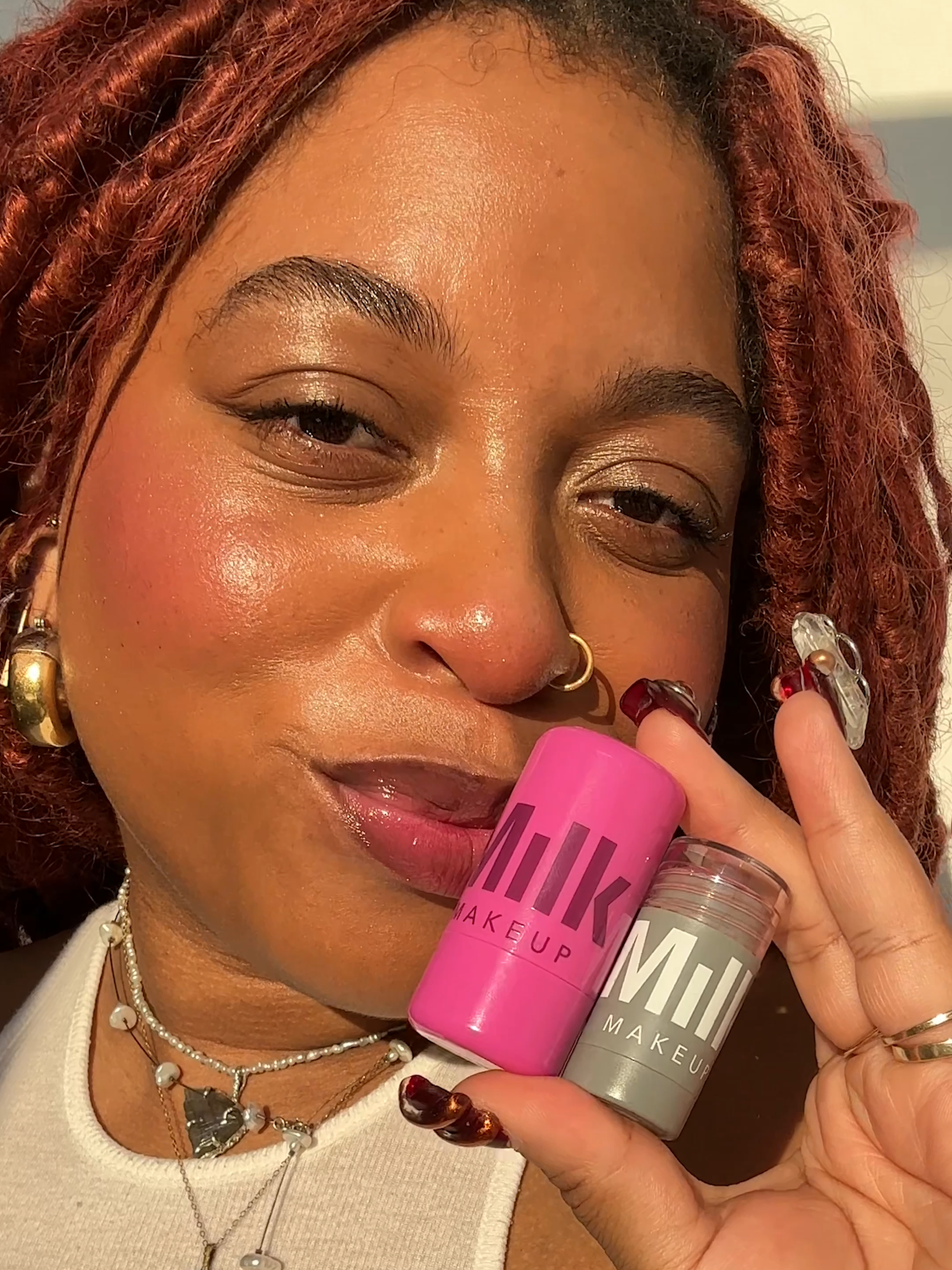 It's a—cheeks, flushed. Skin, glowing. Lips, tinted—kinda summer thanks to @milkmakeup ☀️✨ #UltaBeauty Products featured: Cooling Water Jelly Tint Lip + Cheek Blush Stain in Splash Lip + Cheek Cream Blush Stick and Lip Color