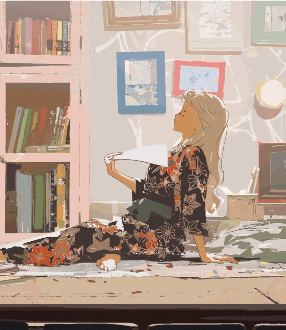 浮生一戏-WOLO C15-16  Mia fanning herself and standing up. I really wanted this part to feel extra charming, so we ended up shooting the reference for that fan-and-stand motion like... a dozen times lol. All the animation and coloring were done by Xiaoyue—absolute legend! This was actually one of the first cuts to get animated and ended up helping define the stylized look for the whole film. Also big shoutout to Helen for being my model for the fan-and-stand pose over and over again. We seriously recorded it so many times haha… - #浮生一戏 #WOLO #animation #2danimation #アニメ 
