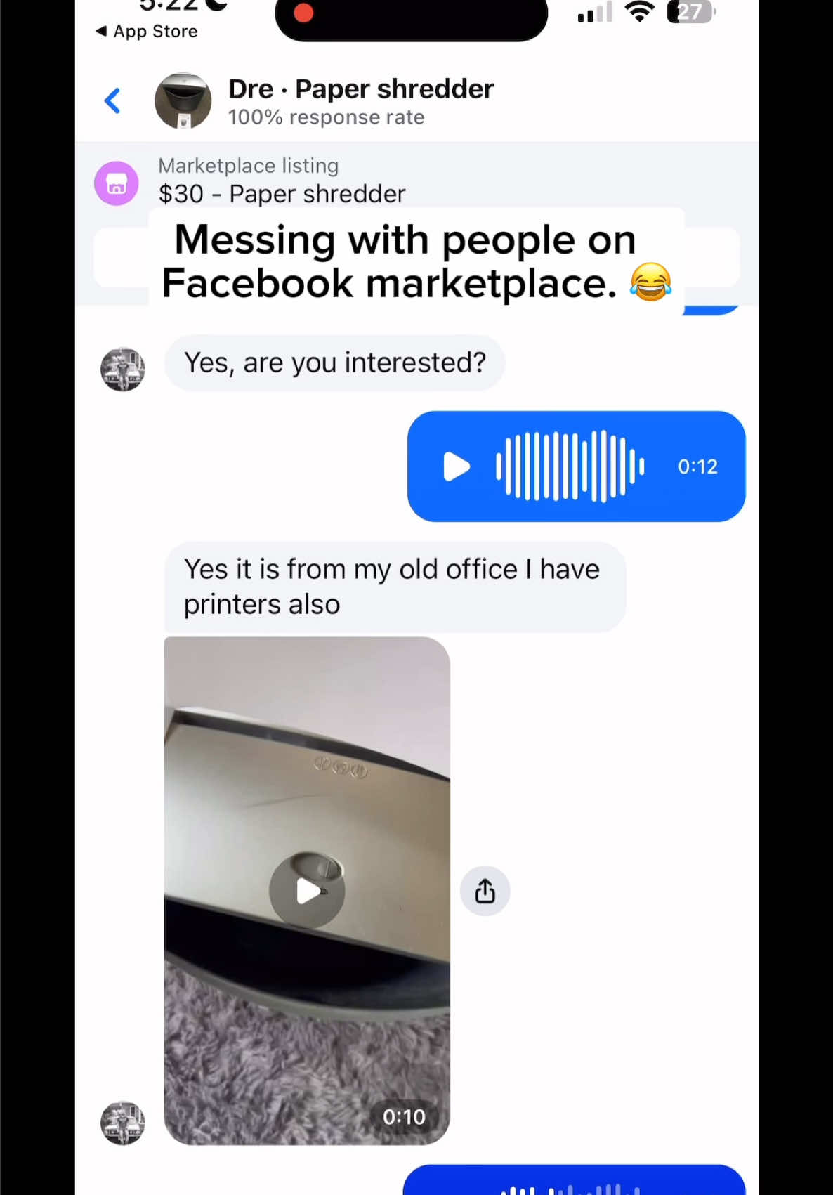 The voice messages got to him. 🤣 #facebookmarketplace #Foryou #ohwow #thelifeofdrevez #deangus #asmr 