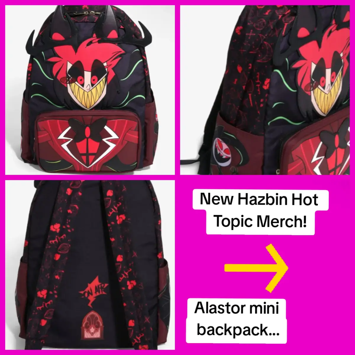 I'm so glad that I HATE mini backpacks‼️Or else the Alastor infestation in my brain would've made me buy this ☝️ #hazbinhotel #news #merch #hazbinhotelalastor #hottopic #charliemorningstar #fyp 