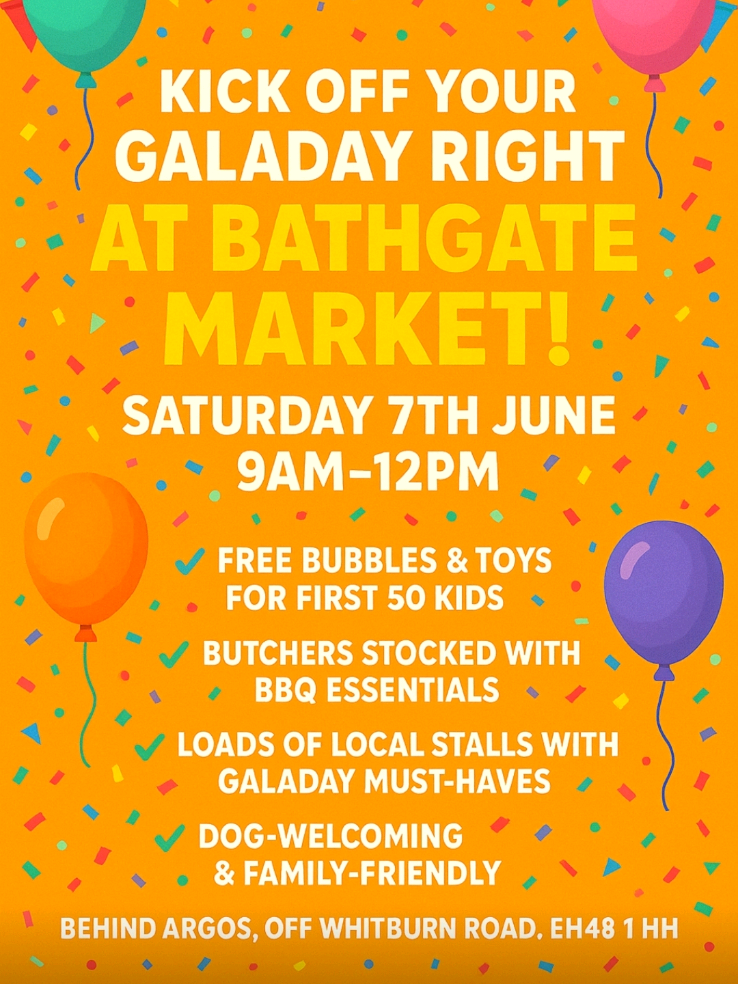 🎪 Bathgate Market is the place to be this Galaday! 🎉 Free bubbles for kids, BBQ essentials, local stalls & bargains galore – all before the parade! 🇸🇨🛍️  #BathgateMarket #FamilyFun #ScottishMarkets #SupportLocal #BBQReady #Bathgate 