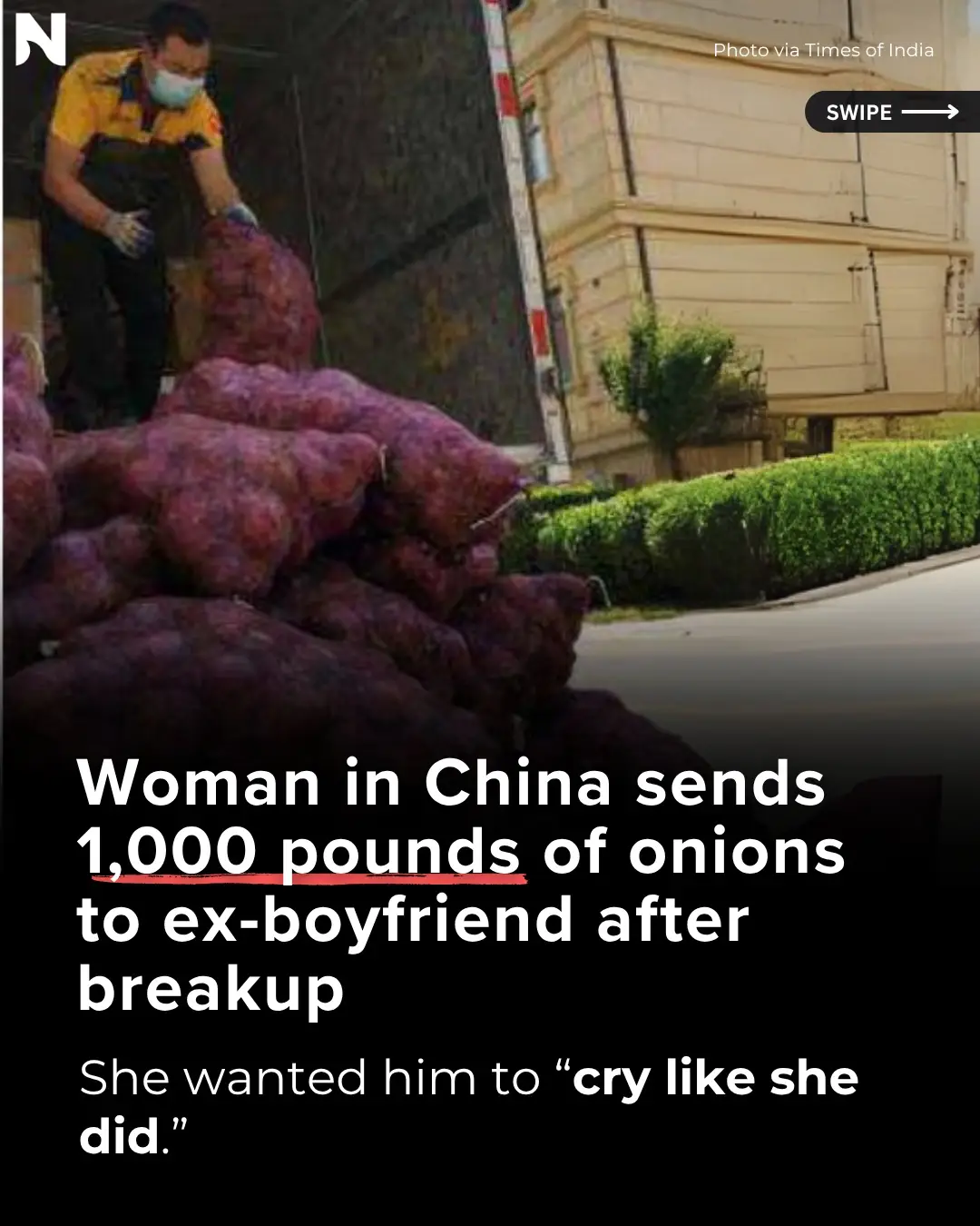 She cried for 3 days. So she sent her ex 2,200 pounds of onions 🧅💔 🤳Click our Link in Bio to sign up for our newsletter. 📰Follow us for the latest Asian News @NextShark #BreakupStory #AsianStories #OnionRevenge #NextShark