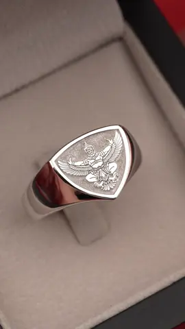 This one: Garuda Mayfair. Standard. Size 59. Silver with rhodium. Laser Engraving.  6,000 baht  Bespoke Engraved Signet Ring from 6,000 baht Stone Signet Ring from 5,500 baht Also avaliable in 9k, 14k, 18k, 20k and 23k (965) gold.  #insignia #insigniabangkok #signetring #signetrings #waxseals #waxsealstamp #handmade #handmadejewelry #jewelry #madeinthailand #custommade #custommadering 