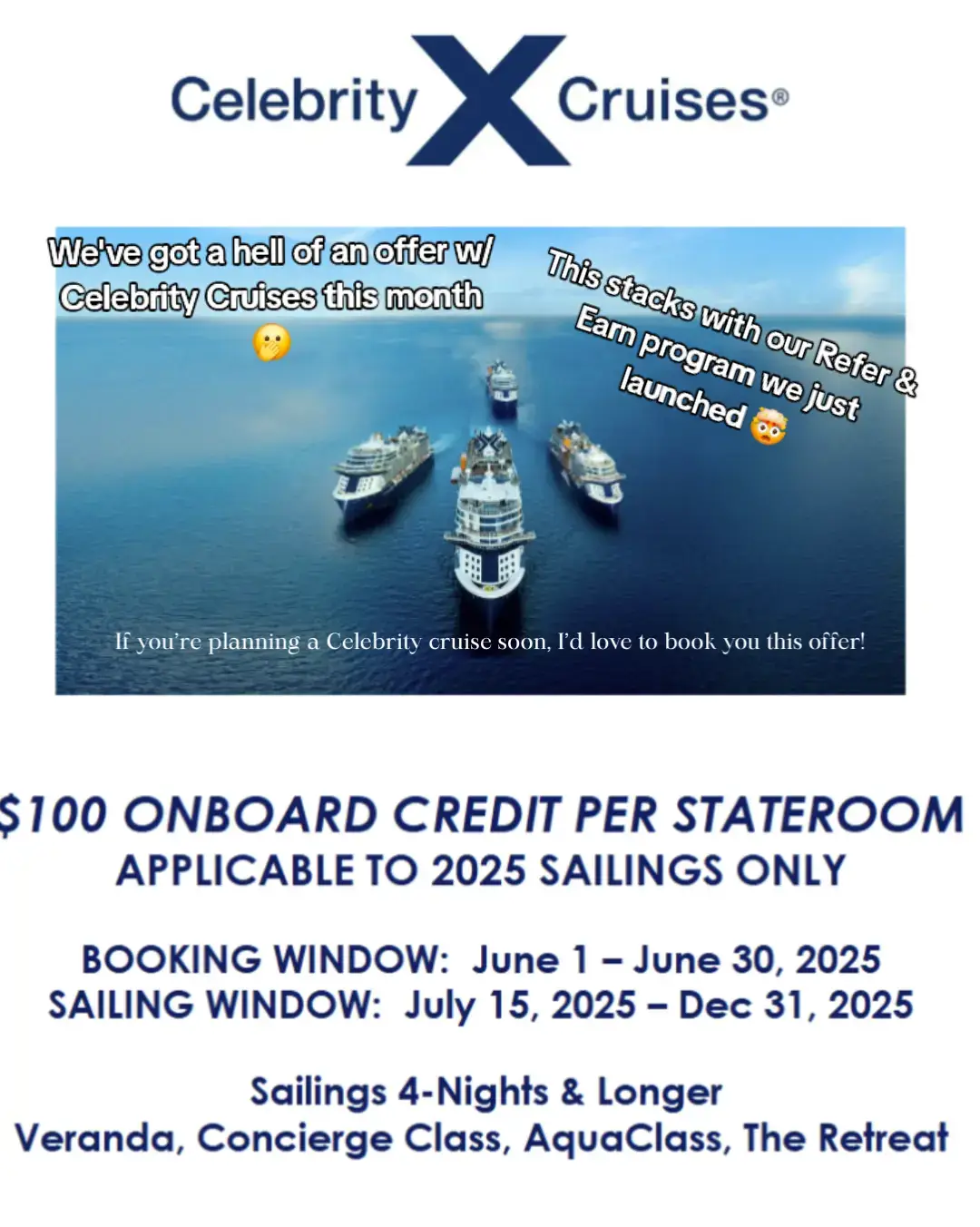 Planning a trip to the Mediterranean, Caribbean or anywhere fun? Have us book you into this super nice offer we currently have with Celebrity Cruises. Don't forget to mention who referred you so can add an additional onboard credit for both of you 😘🩴🏖️🐚 Who is ready to start planning their next vacation? #Cruise #CelebrityCruises #CruiseDeals #TrustYourTravelAgent 