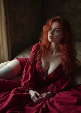 🔥 Scarlet daydreams & vintage allure. Her gaze tells stories, her look owns the moment. Timeless beauty in crimson elegance. #RedheadGoddess #VintageVibes #CrimsonQueen #RomanticAesthetic #BedroomGlow #NaturalLightMagic #SultryLook #ModelMood #FieryBeauty #TikTokFashion #CozySeduction #RedDressMagic#medievalworld #witchesoftiktok #medivaltiktok #gothic #fypシ゚