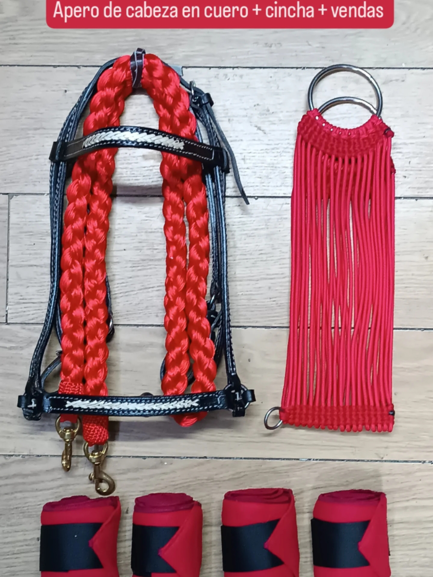 Apero de cabeza en cuero+cincha+vendas 🤠🐴.#rockycueros #accesoriosparacaballos #tiendaequina #aperodecabeza #cincha #vendas 