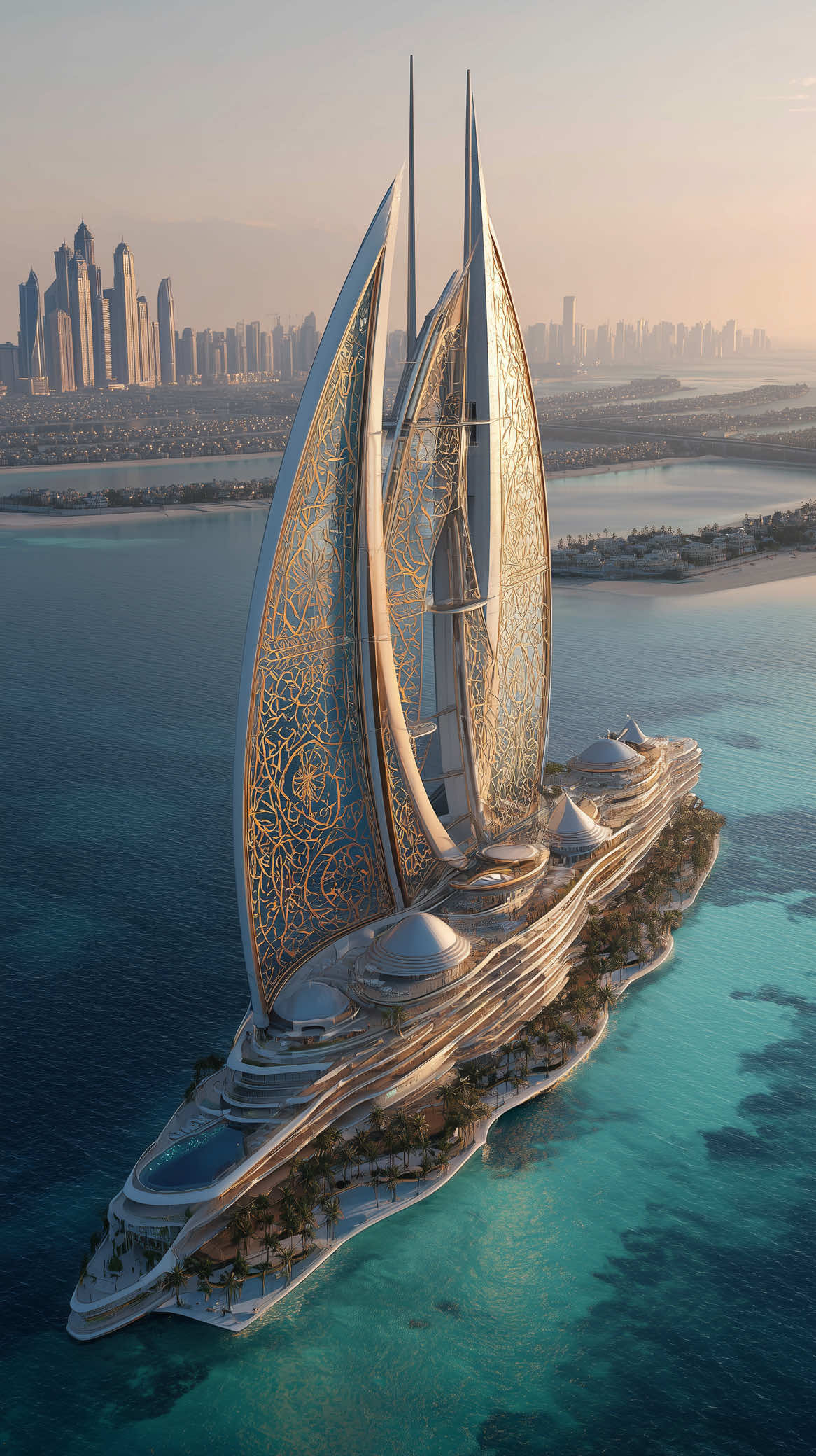 ⚓️Inside Dubai’s Floating Castle: The Golden Dhow Hotel | Futuristic Design You Must See! Welcome to The Golden Dhow — a breathtaking futuristic hotel shaped like a monumental medieval sailing ship, fused with modern Islamic architecture and luxurious Arabian flair. Located on a private island off the coast of Dubai, this one-of-a-kind structure blends golden Arabesque patterns, curved glass sails, and eco-futuristic elements, forming a skyline-dominating architectural masterpiece. In this cinematic drone flythrough, witness how this iconic design transforms Dubai’s shoreline, standing as a symbol of luxury, innovation, and cultural fusion. 🌍 Location: Dubai, UAE 🏨 Concept Name: The Golden Dhow 📹 Shot Style: Ultra-realistic 4K drone footage at golden hour If you're fascinated by futuristic architecture and high-end design, make sure to like, subscribe, and explore more videos of the world’s most innovative hotels. #DubaiHotel #FuturisticArchitecture #GoldenDhow #LuxuryTravel #ArchitecturalMarvel #DroneView #ArabFuturism #ModernIslamicDesign #4KHotelTour