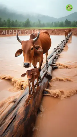 cow Fallas into huge canal saved by his baby calf #humanity #cow #calf #cartoon #animals 